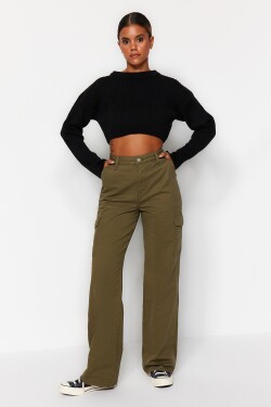 Trendyol Khaki džíny vysokým pasem širokými nohavicemi cargo kapsou