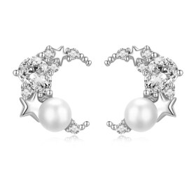 Stříbrné náušnice s perlou Moon & Pearl, stříbro 925/1000, Bílá