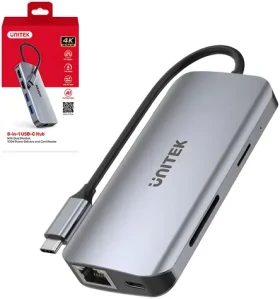 Unitek USB-C hub šedá / Hub USB / 8v1 / 2x HDMI 4K / RJ-45 / čtečka SD karet / PD 100W / 5 Gbps (D1122A01)