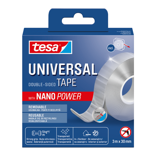 Tesa oboustranná páska Nano Power, 3 m × 30 mm, opakovaně použitelná, transparentní