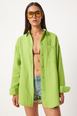 Happiness İstanbul Women's Pistachio Green Oversize Basic Muslin Shirt