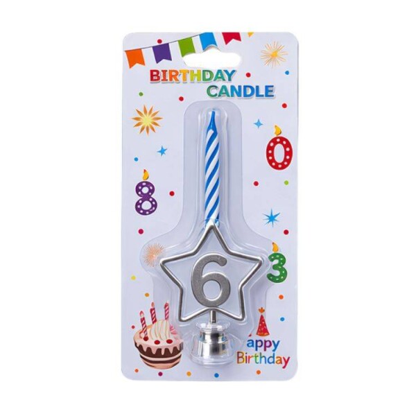 Dortisimo Svíčka modrá s LED stříbrným podstavcem ve tvaru hvězdy číslo 6