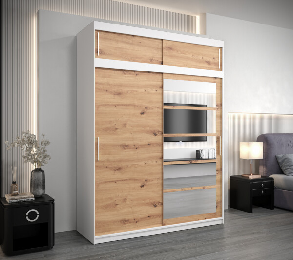 Šatní skříň Abi Ro1 s nástavcem Barva korpusu: Bílá, Rozměry: 150 cm, Dveře: Dub artisan
