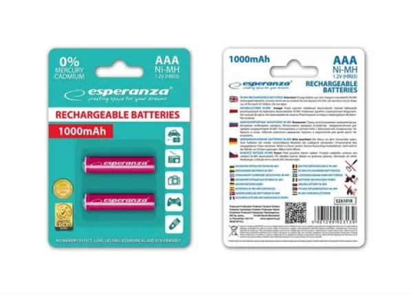Esperanza Nabíjecí baterie AAA červená / 1.2V / 1000mAh / Ni-MH / 2 ks / v blisteru (EZA101R - 5901299923139)