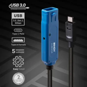 Lindy USB-C - USB-A aktivní prodlužovací kabel černá / Kabel USB / USB 3.2 Gen 1 / 5 m (43380)