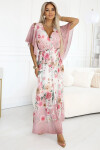 603-4 Vzdušné maxi šaty s obálkovým výstřihem a květinovým vzorem - PINK Roses UNI