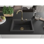 MEXEN/S - Elix granitový dřez 1-miska 600 x 500 mm, černá kropenatá, sifon zlatá 6525601005-76-G