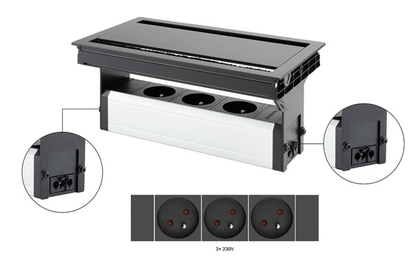 Versalogic VersaFlap dual 2.0 elektrická zásuvka 3x 230V, Francouzská, černá matná (497053)