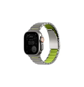 UNIQ Strova Flex řemínek pro Apple Watch 49/46/45/44 mm, Titanium silver/Lime green (8886463697832)