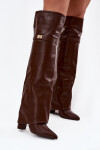 Zateplené kozačky s ohnutým horním lemem nad koleno podpatek sloupka hnědé Serelle 39