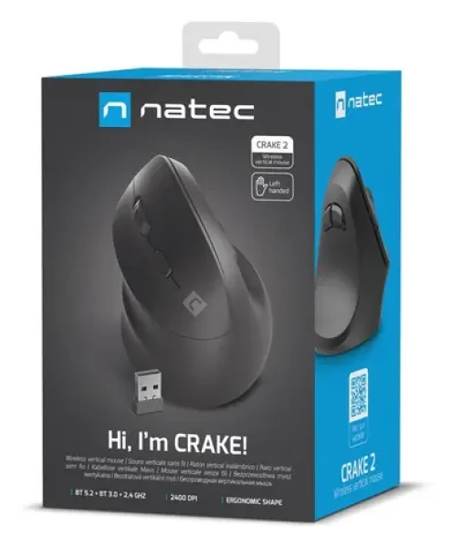 Natec Crake 2 černá, pro leváky / Bezdrátová optická myš / Vertikální / 2 400 DPI / USB + Bluetooth / 6 tlačítek (NMY-2049)
