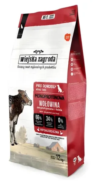 WIEJSKA ZAGRODA Monoprotein Beef / Granule pro psy / všechna plemena / bez obilovin / monoprotein / 12 kg