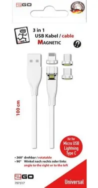 2GO bílá / Nabíjecí kabel 3v1 / USB-A na USB-C, Micro-USB, Lightning / magnetický konektor / 1 m (797317)