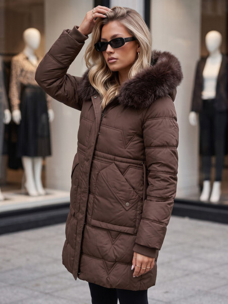 Dámská zimní prošívaná bunda s kapucí, hnědá, FashionStreet TY5825 M