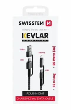SWISSTEN KEVLAR datový kabel 4v1 USB-C (M) - USB-A (M) - Lightning (M) 1.5m černá / 60W / 3A (74501101)