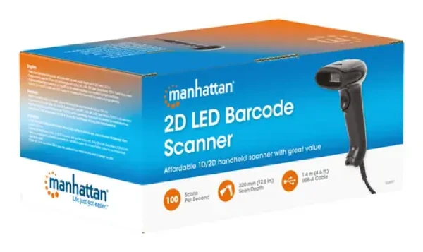 Manhattan Čtečka čárových kódů 2D LED černá / 320mm hloubka skenování / USB / 1,4 m kabel (153997)