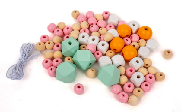 Korálky dřevěné 80ks + šňůrka - Pastel