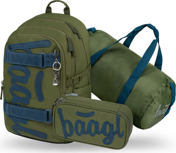 BAAGL SET 3 Skate Olive: batoh, penál, sportovní taška GRS