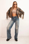 Dámská semišová bunda s leopardím vzorem a třásněmi khaki UNI
