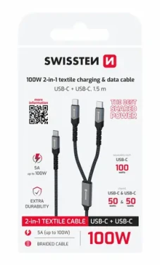 SWISSTEN Nabíjecí kabel 2v1 100W 1.5m černá / 100W / 3x USB-C (M) (72501201)