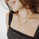 Perlový náhrdelník Deborah Gold - kříž, sladkovodní perla, Zlatá 45 cm + 5 cm (prodloužení)