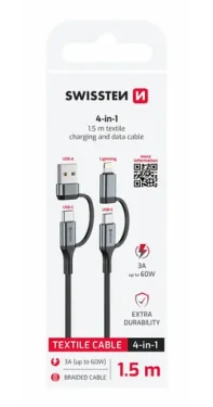 SWISSTEN Textilní datový kabel 4v1 60W USB-C/USB-A/Lightning 1.5m černá (74501102)