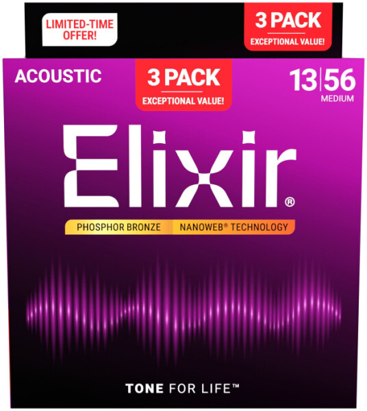 Elixir 16570 Nanoweb Phosphor Bronze Medium (13-56) 3-pack