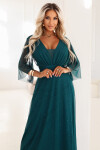 654-1 Dlouhé lesklé plus size šaty s výstřihem a průhlednými rukávy - lahvově zelené UNI