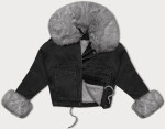 Vyšisovaná černo/šedá krátká dámská džínová bunda s kožešinovou podšívkou J Style (11Z8219) odstíny černé XL (42)