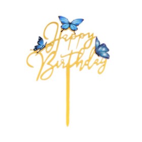 Dortisimo Zápich do dortu zlatý Happy Birthday s modrými motýlky