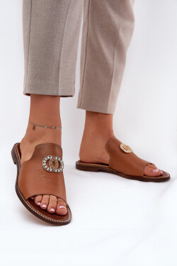 Elegantní Dámské Kožené Pantofle S Dekorací Zazoo 3008 Camel 35