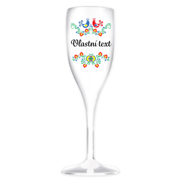 Personalizovaná bílá nerozbitná prosecco sklenice s folklórním vzorem