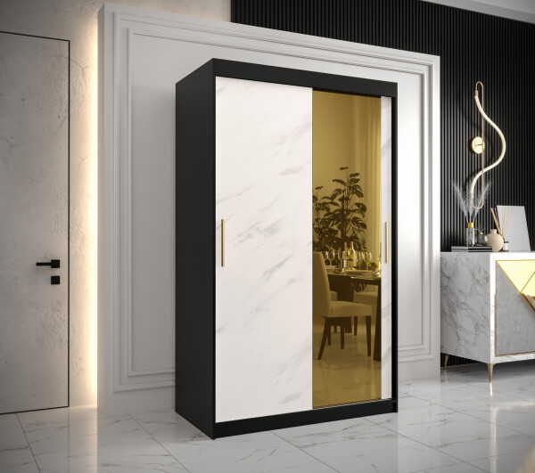 Šatní skříň Abi Golden T2 Barva korpusu: Černá, Rozměry: 120 cm, Dveře: Bílý mramor se zlatým zrcadlem