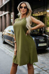 296-14 VICTORIA Trapézové šaty bez rukávů se zavazováním v pase - khaki barva M