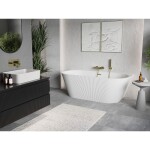 MEXEN/S - Oris volně stojící vana nástěnná reliéf 150 x 75, bílá, sifon a přepad zlatá kartáčovaná 52871507500-55
