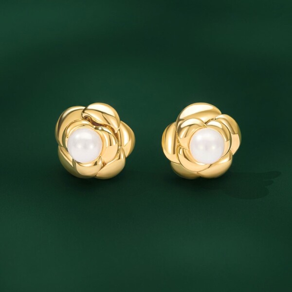 Elegantní květinové náušnice s perlou Viviane - stříbrné zapínání, Zlatá Bílá