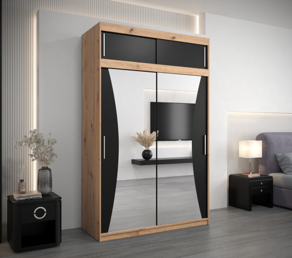 Šatní skříň Abi Mo s nástavcem Barva korpusu: Dub artisan, Rozměry: 150 cm, Dveře: Černá