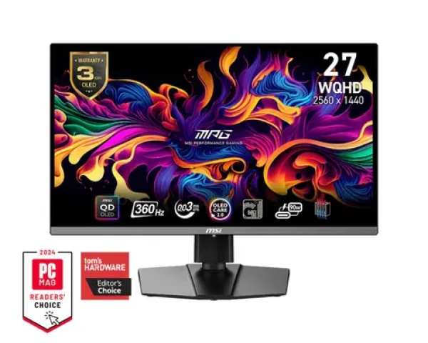 26.5" MSI MPG 271QRXDE QD-OLED černá / WQHD / QD-OLED / 16:9 / 0.03ms / 1500000:1 / 1000cd-m2 / HDMI+DP+USB-C / VESA (9S6-3CD79A-006)