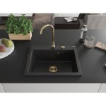 MEXEN/S - Elix granitový dřez 1-miska 600 x 500 mm, černá, sifon zlatá 6525601005-77-G