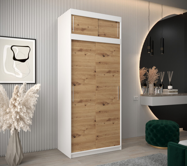 Šatní skříň Abi T0 s nástavcem Barva korpusu: Bílá, Rozměry: 100 cm, Dveře: Dub artisan
