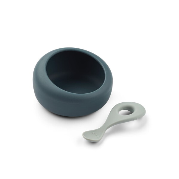 LIEWOOD Silikonová miska + lžička pro děti Sparia Whale Blue, modrá barva
