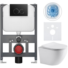 CERANO Podomítkový WC set Cesso - bílá lesklá - tlačítko Basic/Dualo, černé - závěsné - nízký modul - předstěnová instalace/sádrokarton - 49x36 cm - 8050BD85934