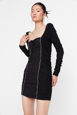 Trendyol Black Stone Stripe Detailní tkané stylové večerní šaty
