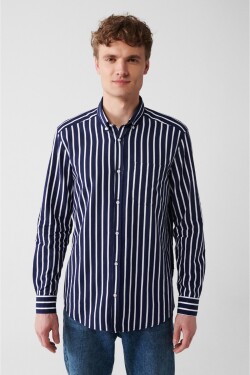 Avva Men's Navy Blue 100% Cotton Oxford Buttoned Collar Striped Standard Fit Regular Fit Shirt