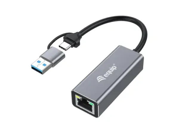 Equip adaptér USB-C a USB-A - RJ45 šedý / Síťový adaptér / 2,5GbE / LED indikace / Hliníkové tělo / 0,15 m (133495)