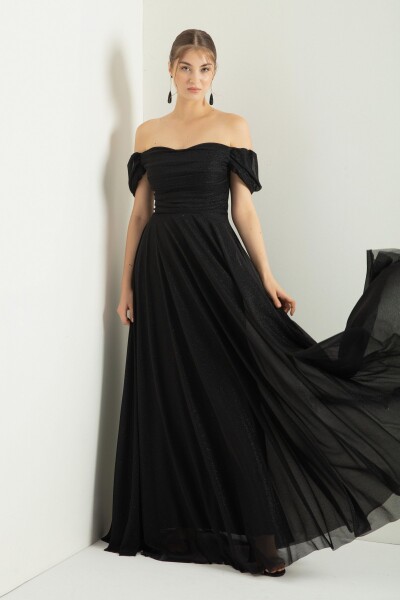 Lafaba Women's Black Boat Collar Draped Long Glittery Evening Dress with Slit.