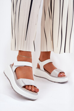 Dámské Kožené Sandály Na Platformě A Klínu Na Suchý Zip S.Barski LR51-543 Stříbrné 41