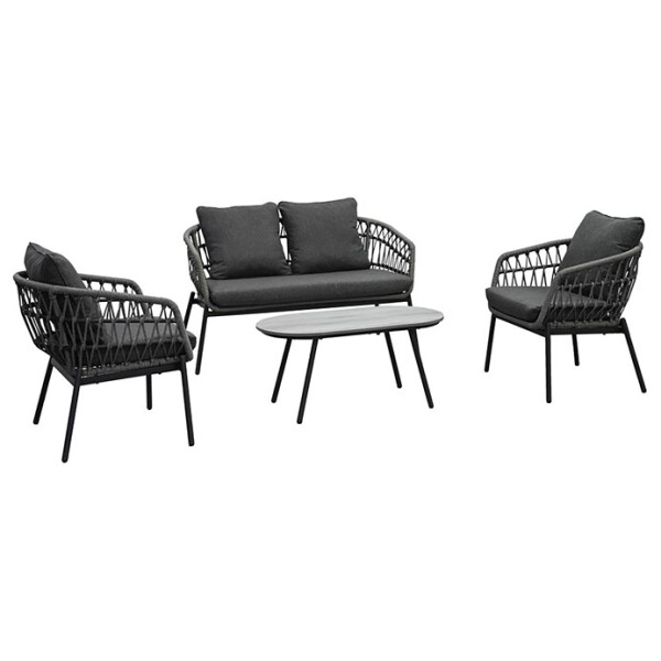 Zahradní set 1+1+2, stůl 90x48, židle a dvojsedačka, Antracitový umělý ratan, kov antracit, tmavě šedá látka.