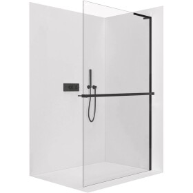 CERANO Sprchová zástěna Walk-in Onyx L-pravá vzpěra - 8 mm + polička/držák na ručníky - černá matná, transparentní sklo - 140x200 cm