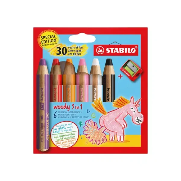 Víceúčelové pastelky STABILO woody 3 in 1, sada 6ks s ořezávátkem Unicorn